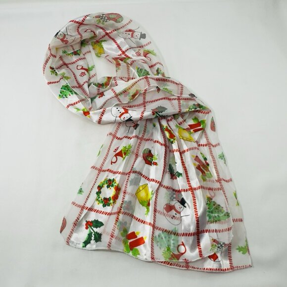 Vintage Scarf Christmas Holiday 56” Rectangle Long Snowman Holly Runner Cover - Picture 2 of 12